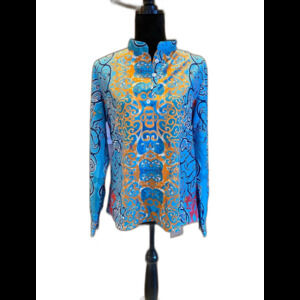Boho Womens Blouse Size Large  Button Down Blue Patterened Top Cuffed Sleeves